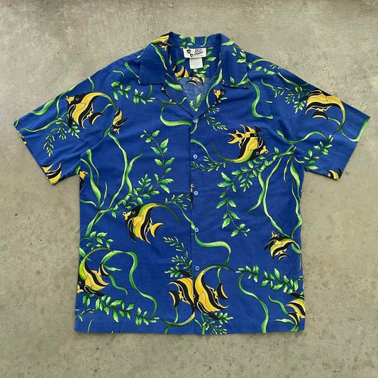 Vintage Striped Tropical Fish Blue Hawaiian Shirt