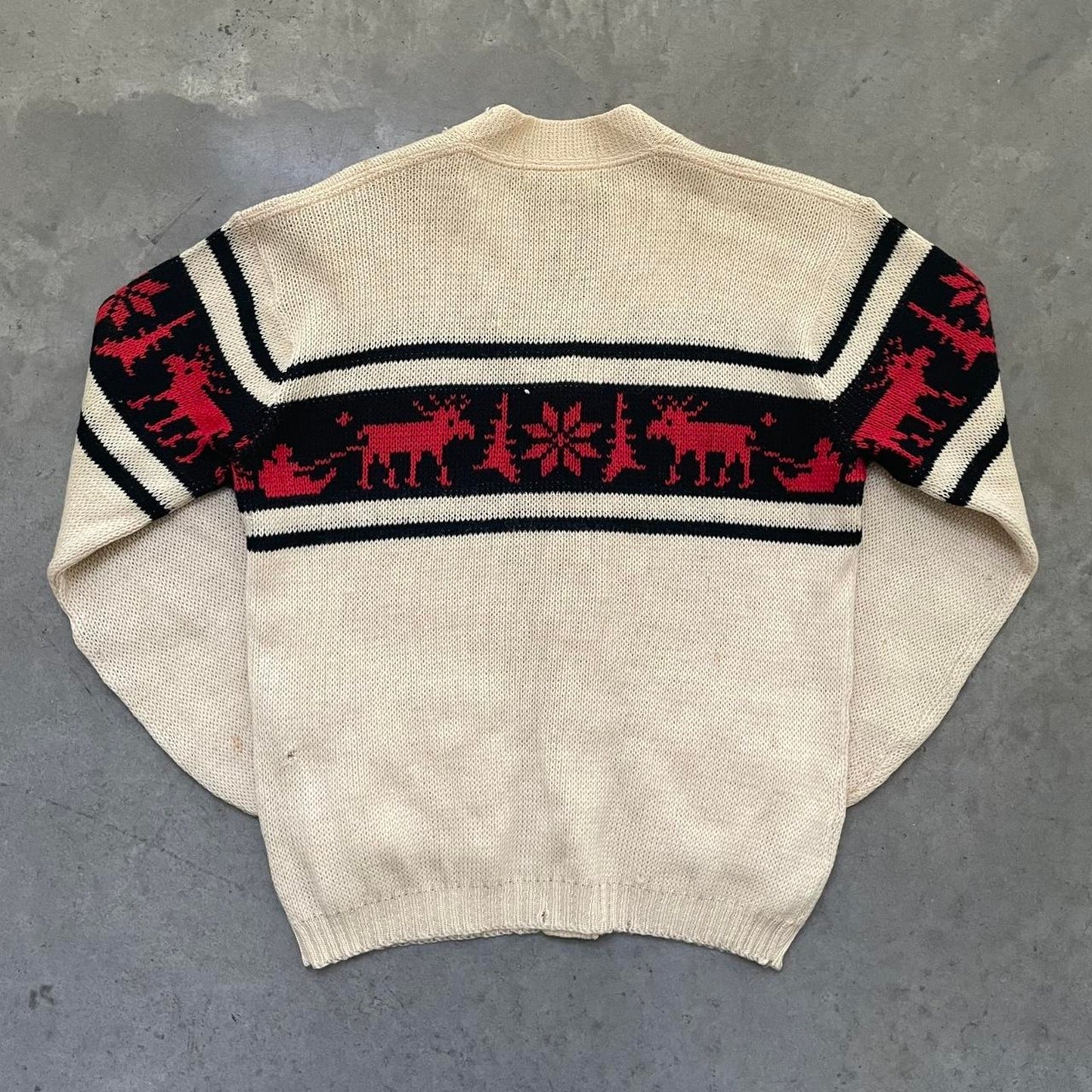 Vintage 60s Cream Christmas Reindeer Cardigan Sweater