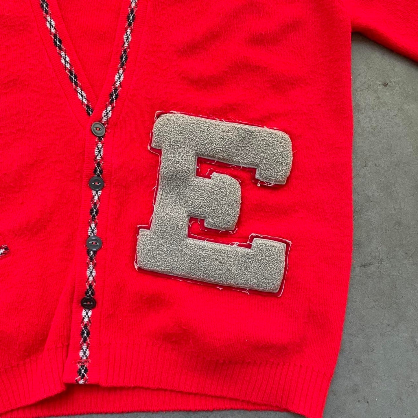 Vintage 80s Red “E” Cardigan Sweater