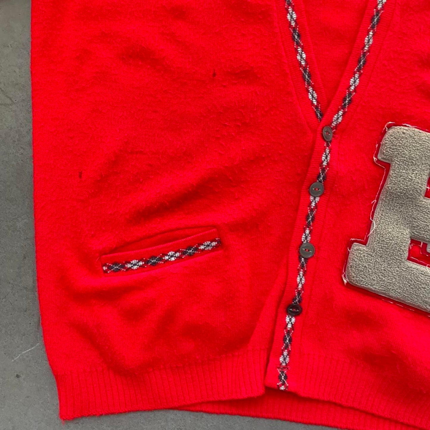 Vintage 80s Red “E” Cardigan Sweater