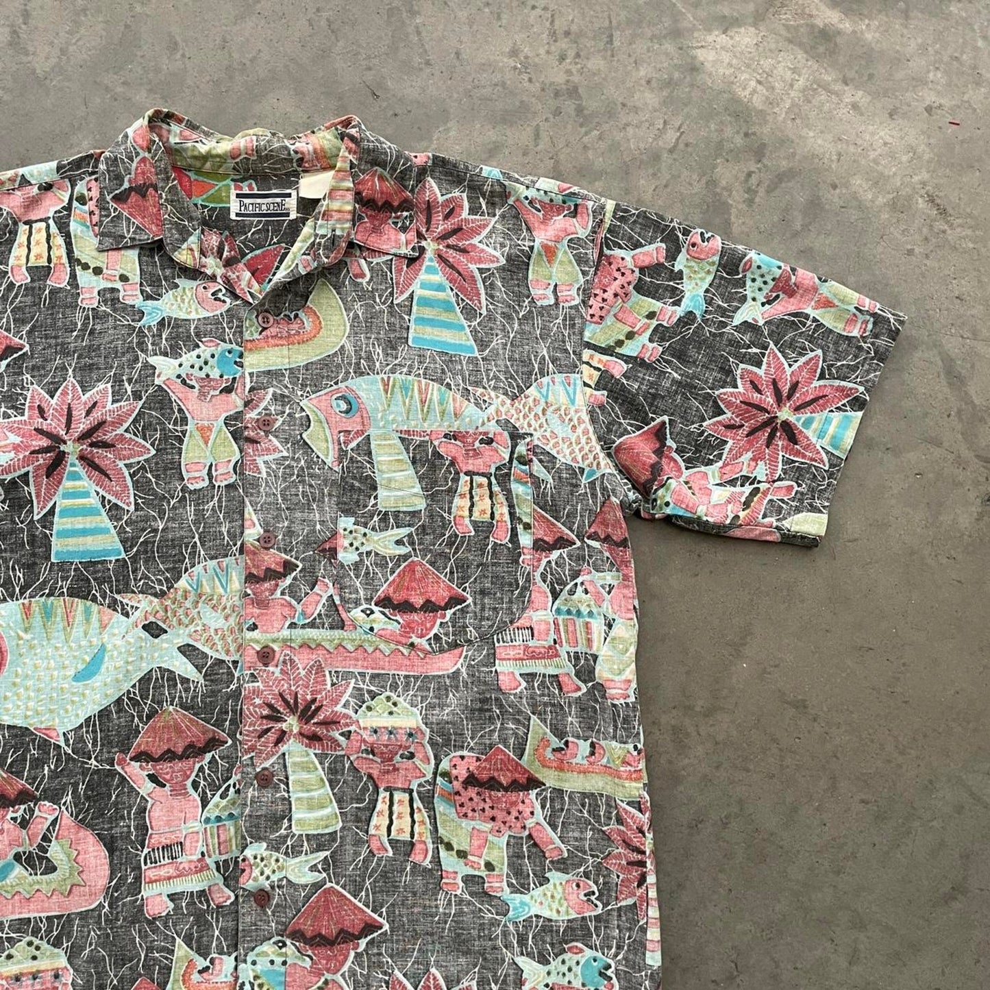 Vintage Pacific Scene Black Tiki Hawaiian Shirt