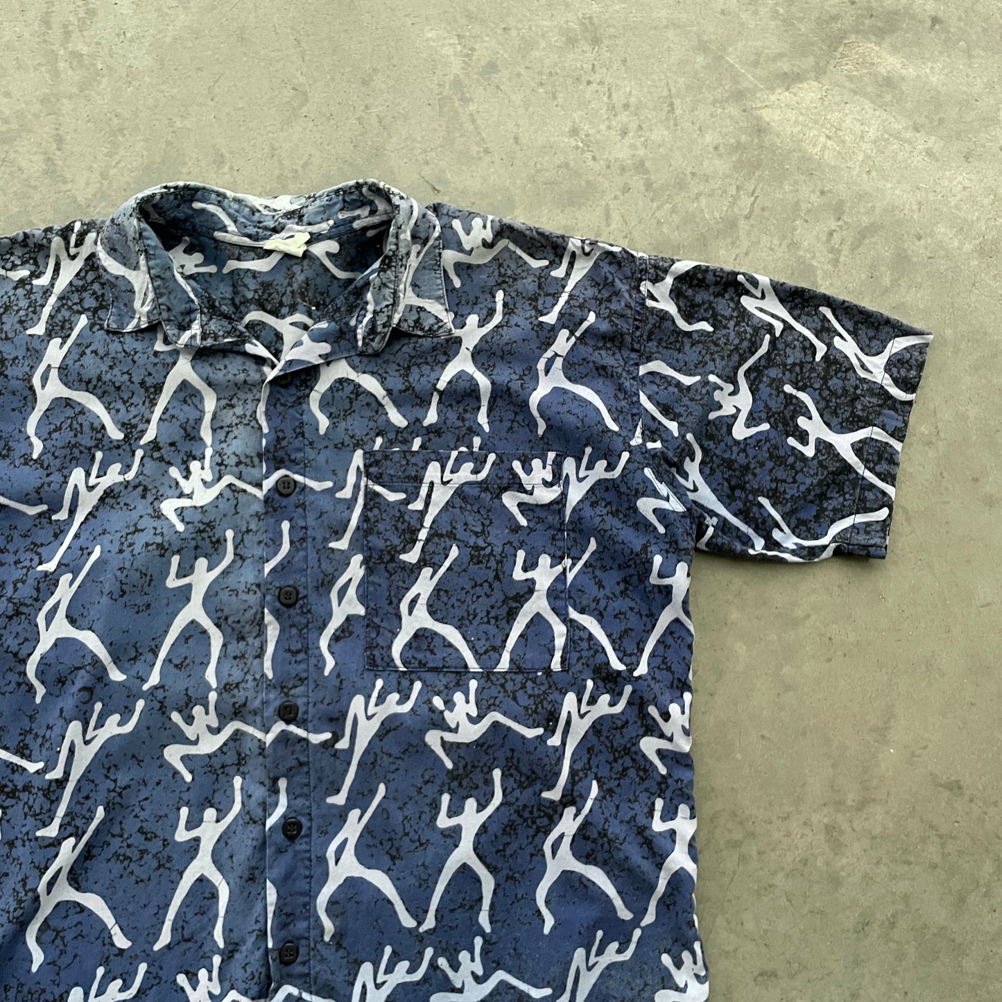 Vintage Bali Art Navy Patterned Button Up Shirt