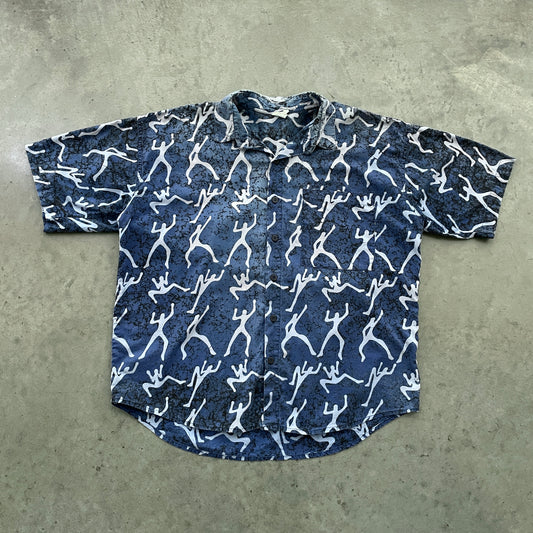 Vintage Bali Art Navy Patterned Button Up Shirt