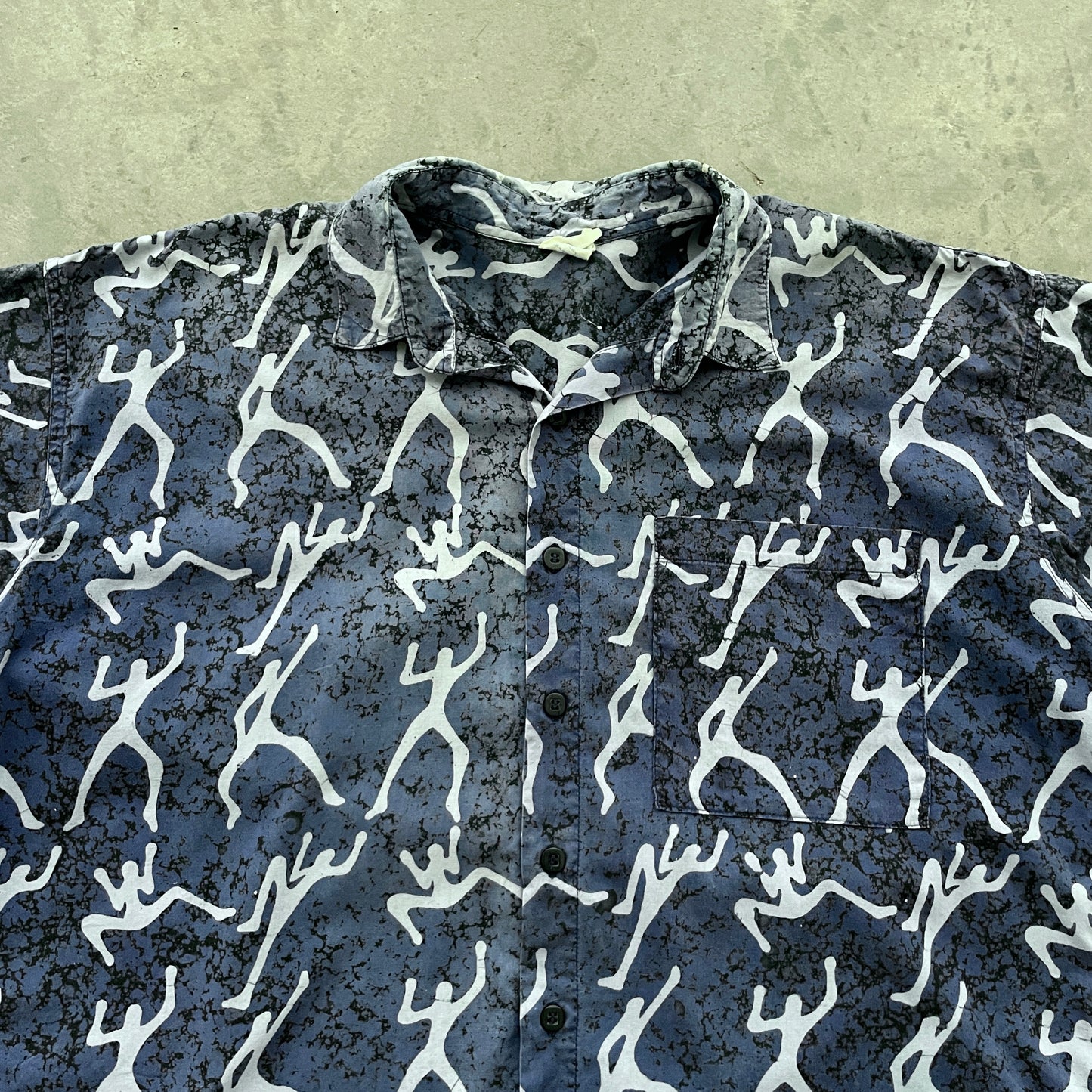 Vintage Bali Art Navy Patterned Button Up Shirt