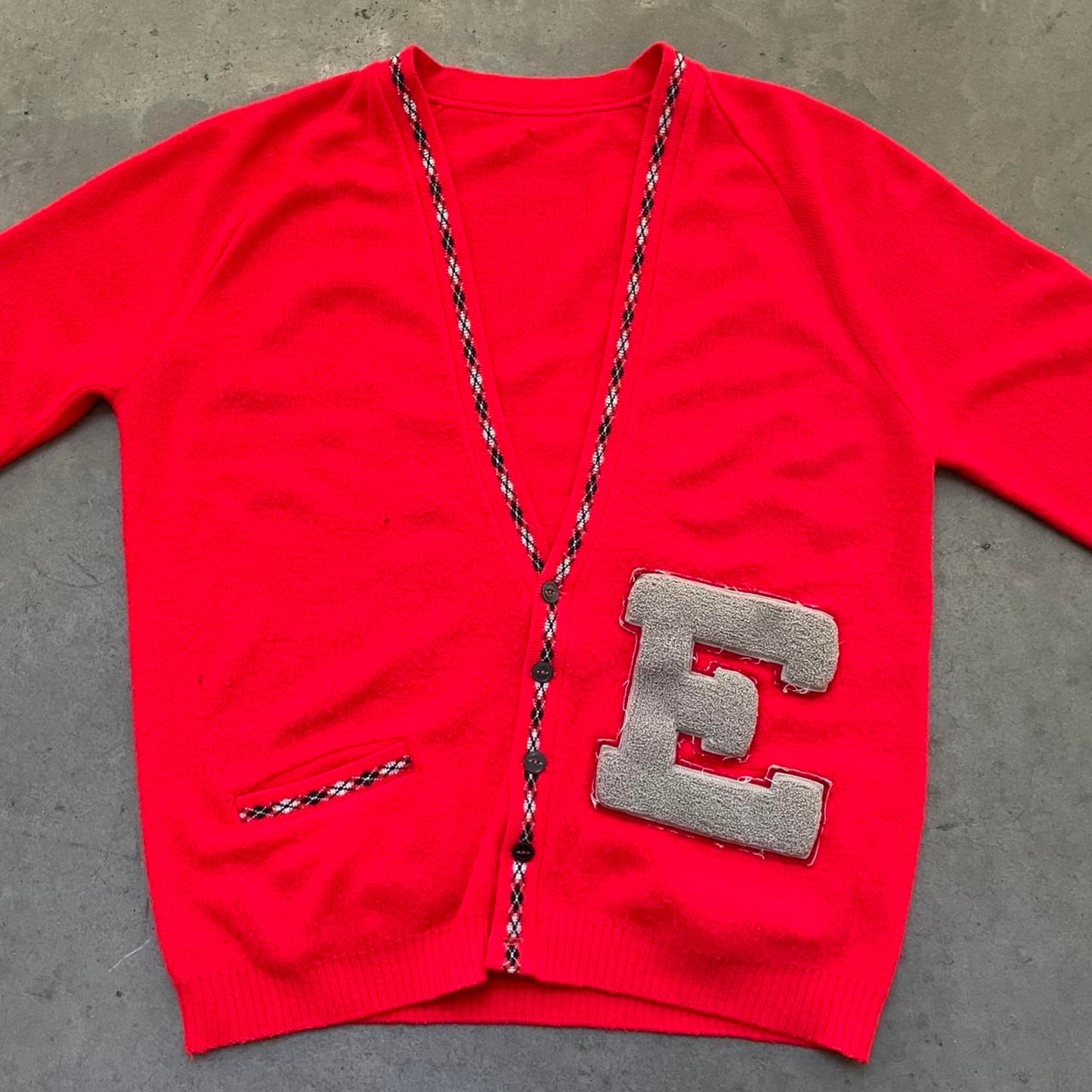 Vintage 80s Red “E” Cardigan Sweater