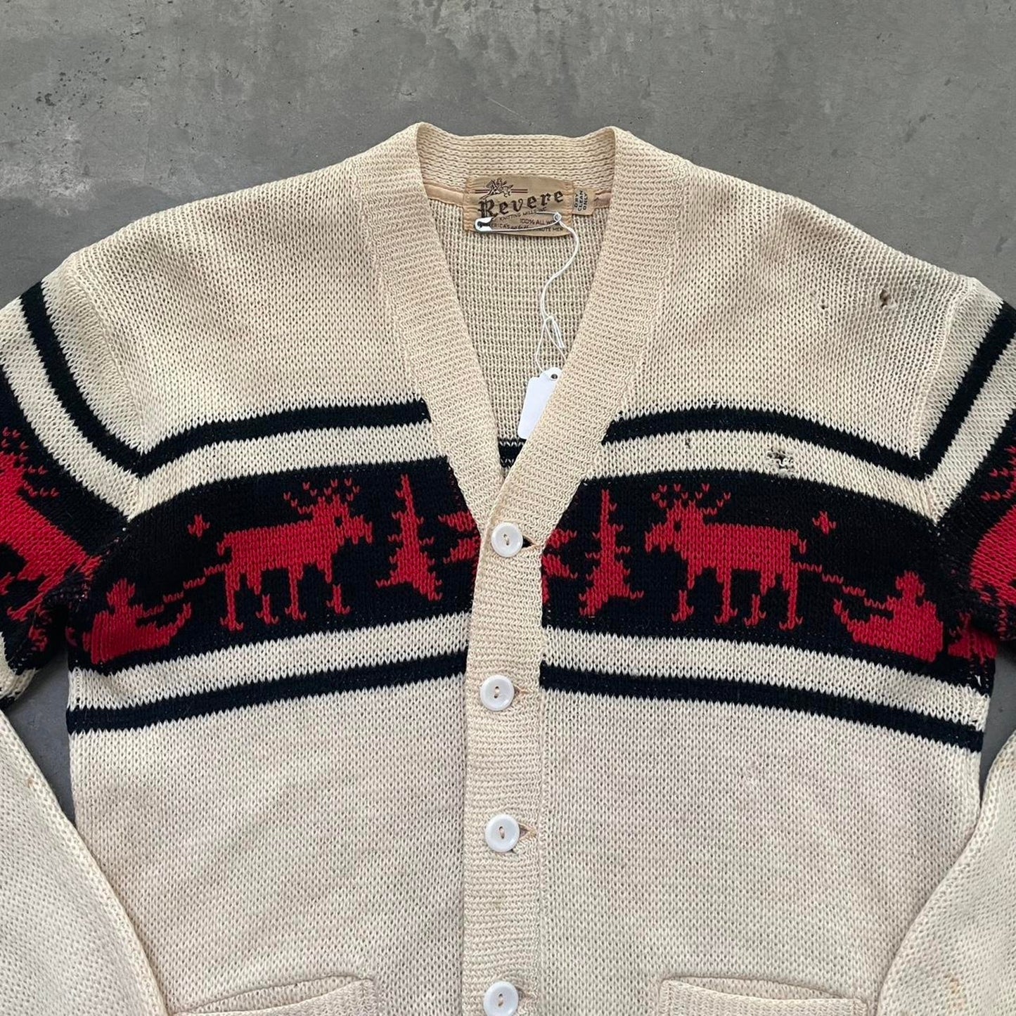 Vintage 60s Cream Christmas Reindeer Cardigan Sweater